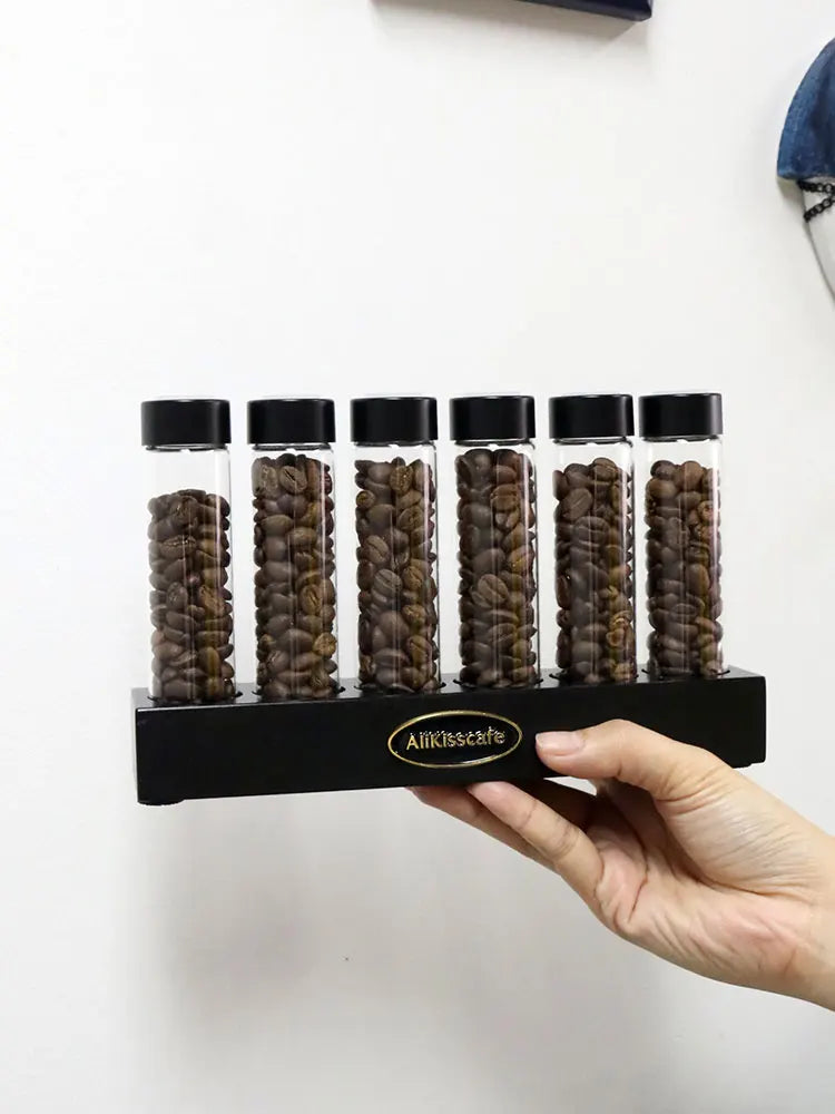 Coffee Beans Storage Container Glass Tube Bottle With Breathable Lid Wooden Display Rack Barista Accessories Coffeware Sets Gift