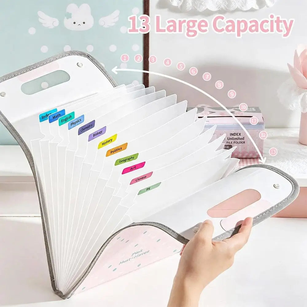 PP Accordion File Organizer Vertical Multi-Compartment Structure Expanding File Folder Portable Carry Handle Cute Pattern