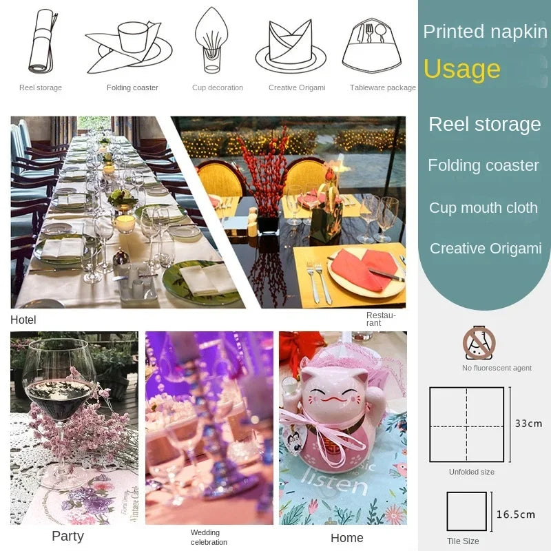 20pcs/Pac Flower Printed Paper Napkin Birthday Wedding Party Table Setting Paper Cafe Mouth Cloth Colourful Paper Placemat