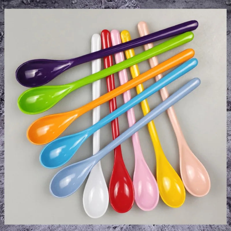 7pcs Candy Color Plastic Long Handle Dessert Spoons Dinner Tea Spoon Tableware Flatware Stirring Coffee Kitchen Scoops Soup