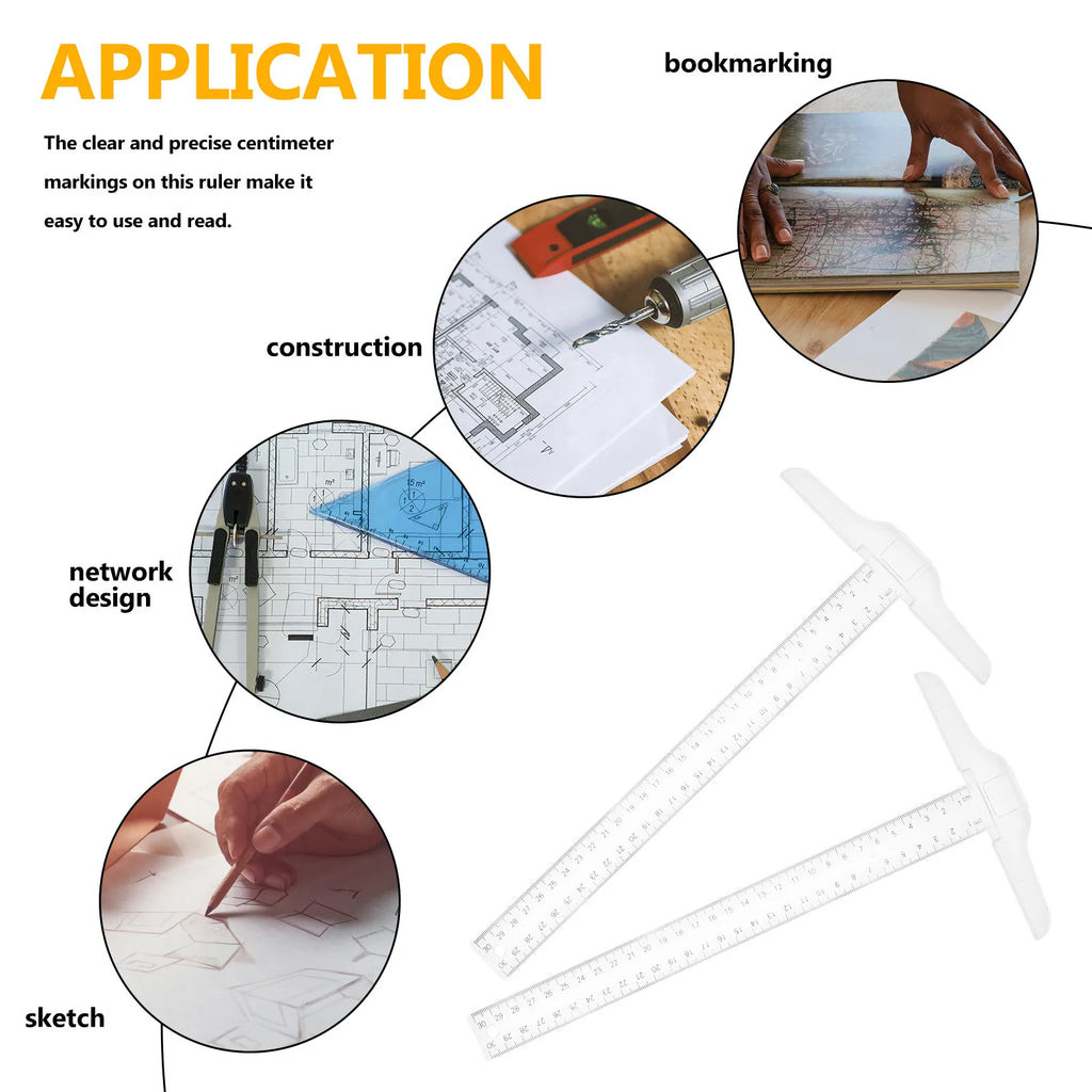 2Pcs Ruler Plastic Drafting T Shape Ruler Accurate Measuring Square for Artists Designers Woodworking Architects