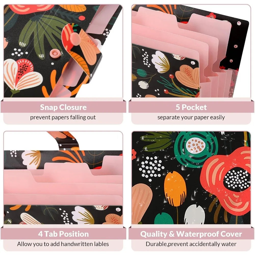 Expanding File Folder with 5 Pockets Floral Accordion Organizer for Important Documents Receipts Portable School Office Supplies Black