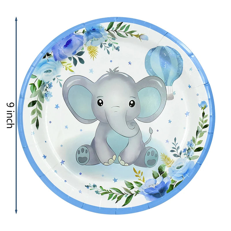 Cartoon Baby Elephant Disposable Tableware Set Paper Plate Cup Napkin Kids Boys Birthday Party Decoration Baby Shower Supplies