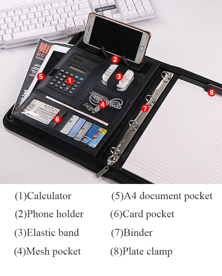 A4 Portable File Folder with Calculator Binder Organizer Manager Office Document Pad Briefcase PU Leather Padfolio Bag Customize