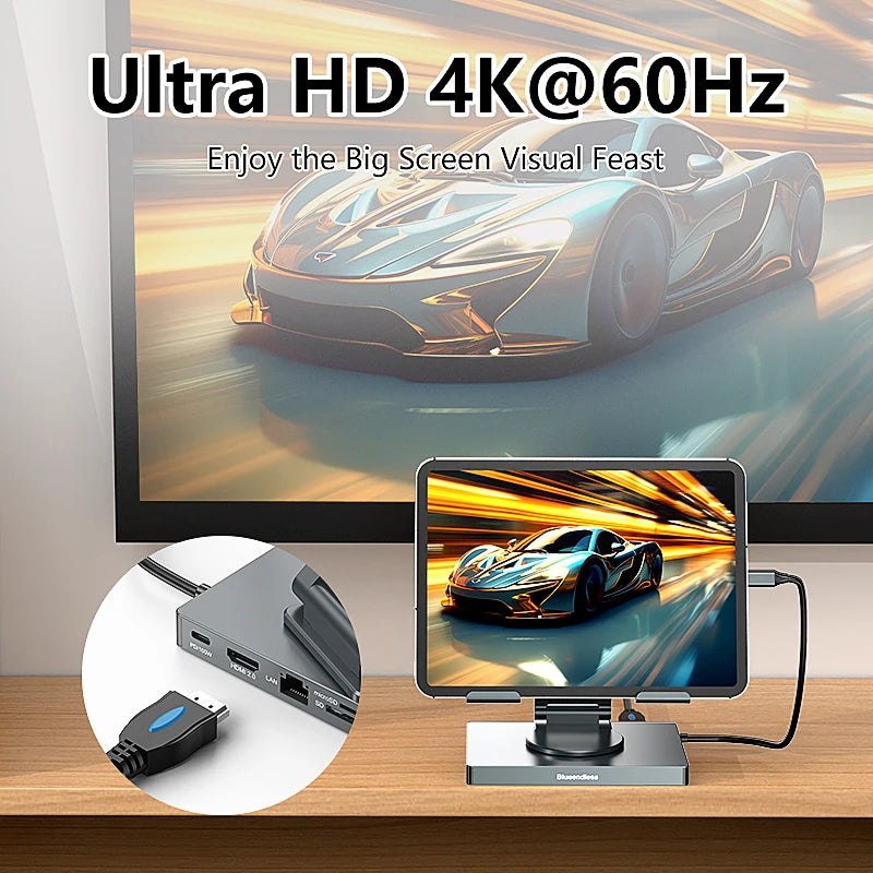 Blueendless Ipad Stand USB C Hub 4K 60HZ HD Type-C 100W PD SD/TF Slot Reader USB 3.0 5Gbps 9 In 1 Type-C Hub Ipad Holder