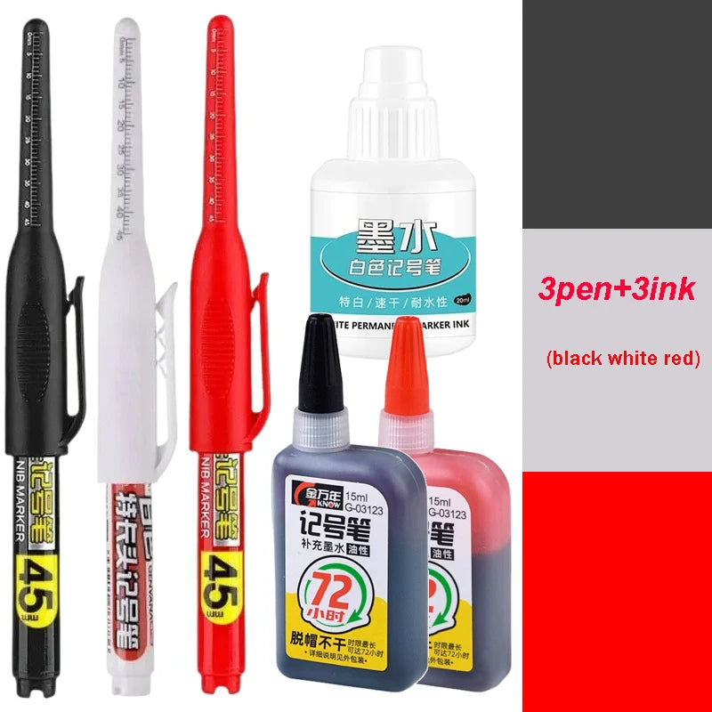 1-12 PCS 45mm Tip Waterproof Long Head Marker Pen Quick-Dry Ink for Woodworking Construction, Deep Hole White Black Red Blue