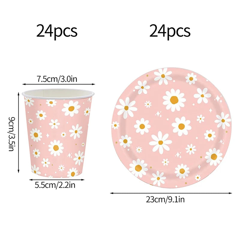 24pcs 7/9inch Pink Daisy Theme Disposable Tableware Flower Plate Napkin Banner Birthday Party Baby Shower Wedding Decor