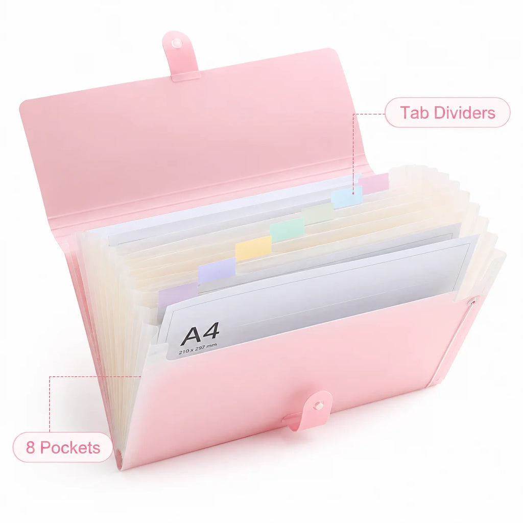Accordion File Folder Waterproof 8 Pocket Document Organizer A4 Expanding File Folder for Office School Paper Storage Supplies