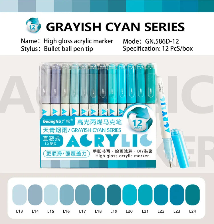 GuangNa 168/12 Colors High Gloss Acrylic Marker Pen Set,Hard Headed Drawing Pens,DIY Graffiti Paint Pen Stationery,GN.586