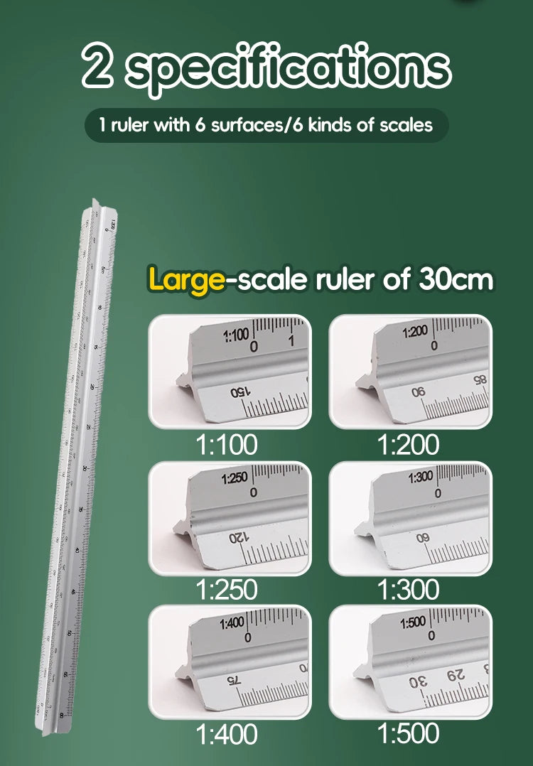 Space Ball 30cm Triangular Scale Ruler Metal Straight Ruler Metric Architect Engineer Accurate Drafting Measure Tool
