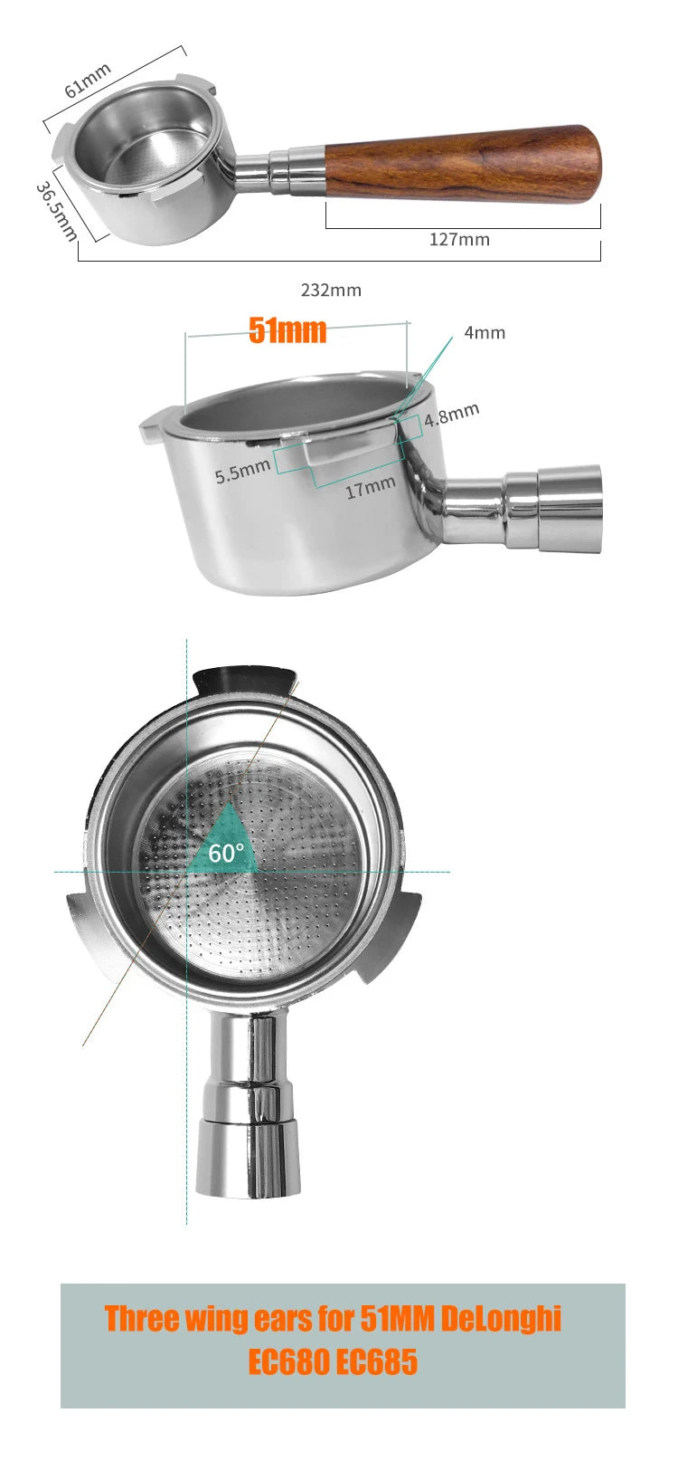 Double Spout 51mm Coffee Portafilter With 1 2 Cups Basket for Delonghi ECO680 ECO685