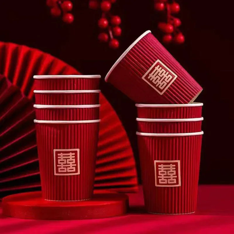 20Pcs/set Chinese Style Cups Wedding Supplies Three-Layer Thickening Disposable Wedding Decoration Red Cups for Party Supplies