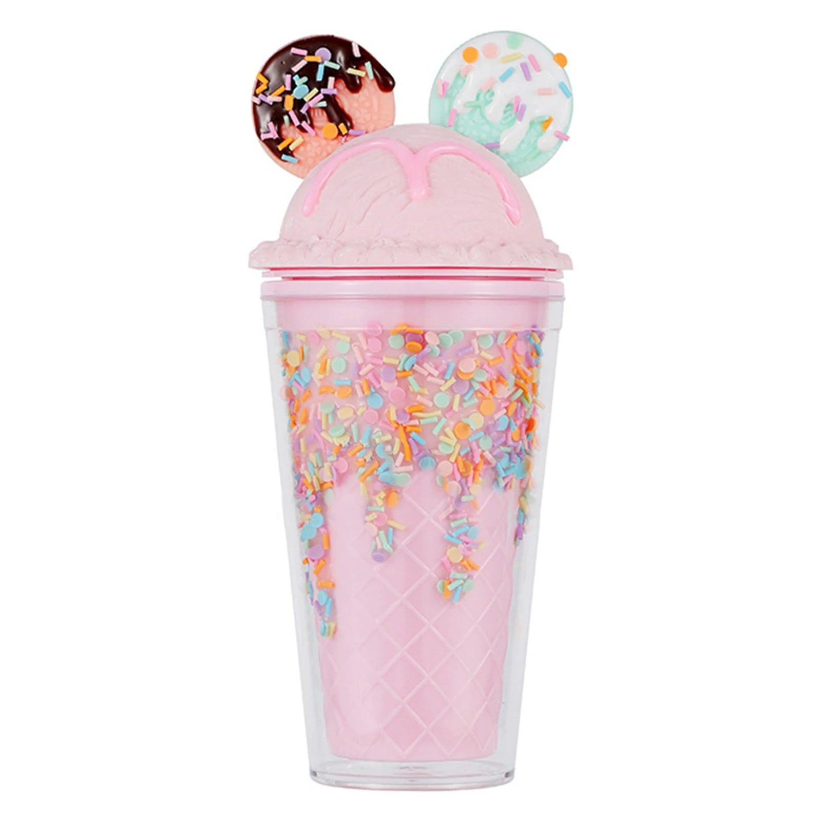 450ml Fashion Cartoon Ice Cream Straw Cup Adorable Plastic Bear Drinking Cup With Lid Milk Tea Cup For Women Girls Outdoor Home
