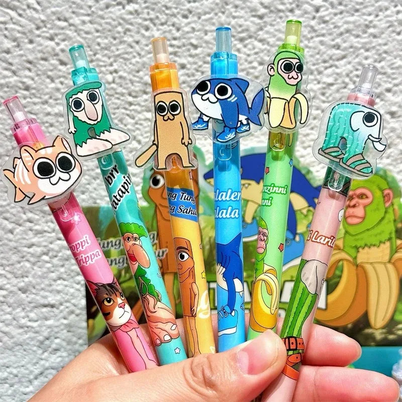 6pcs AI Brainrot Press Pen Set 0.5mm Black Gel Pens Kawaii Stationery Cartoon Anime Derivative Peripherals School Office Supplie