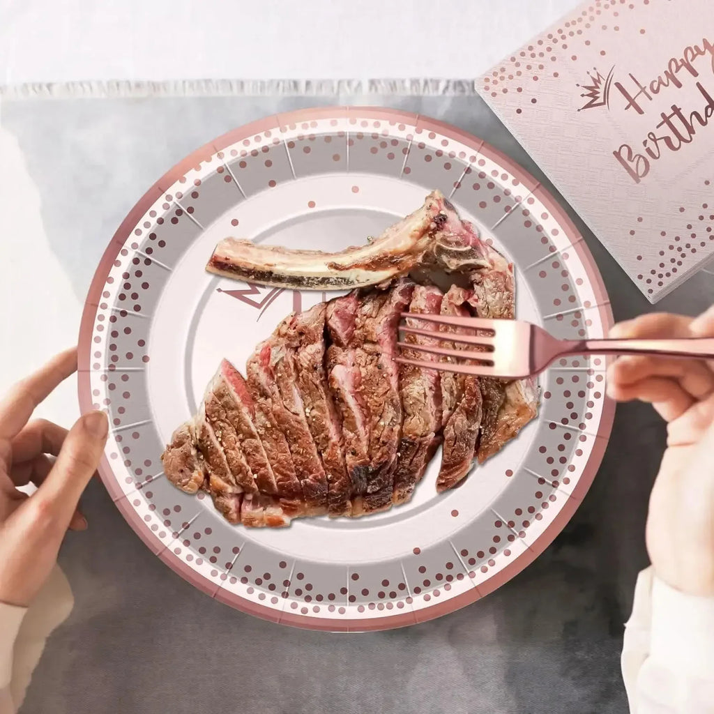 New Rose Gold Birthday Party Paper Tableware Disposable Set,Come with Dining Plate,Napkin Cup and Straw Party Supplies Tableware
