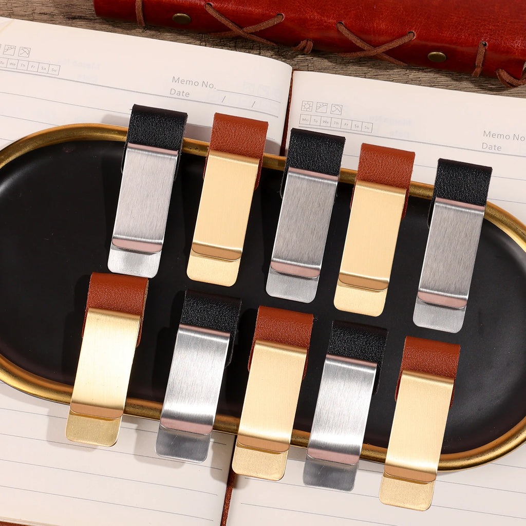 6-1PCS Stainless Steel Leather Pen Holder Pencil Clamps Notebook Bookmark Practical Organizer Clip Pen Holder Office Stationary