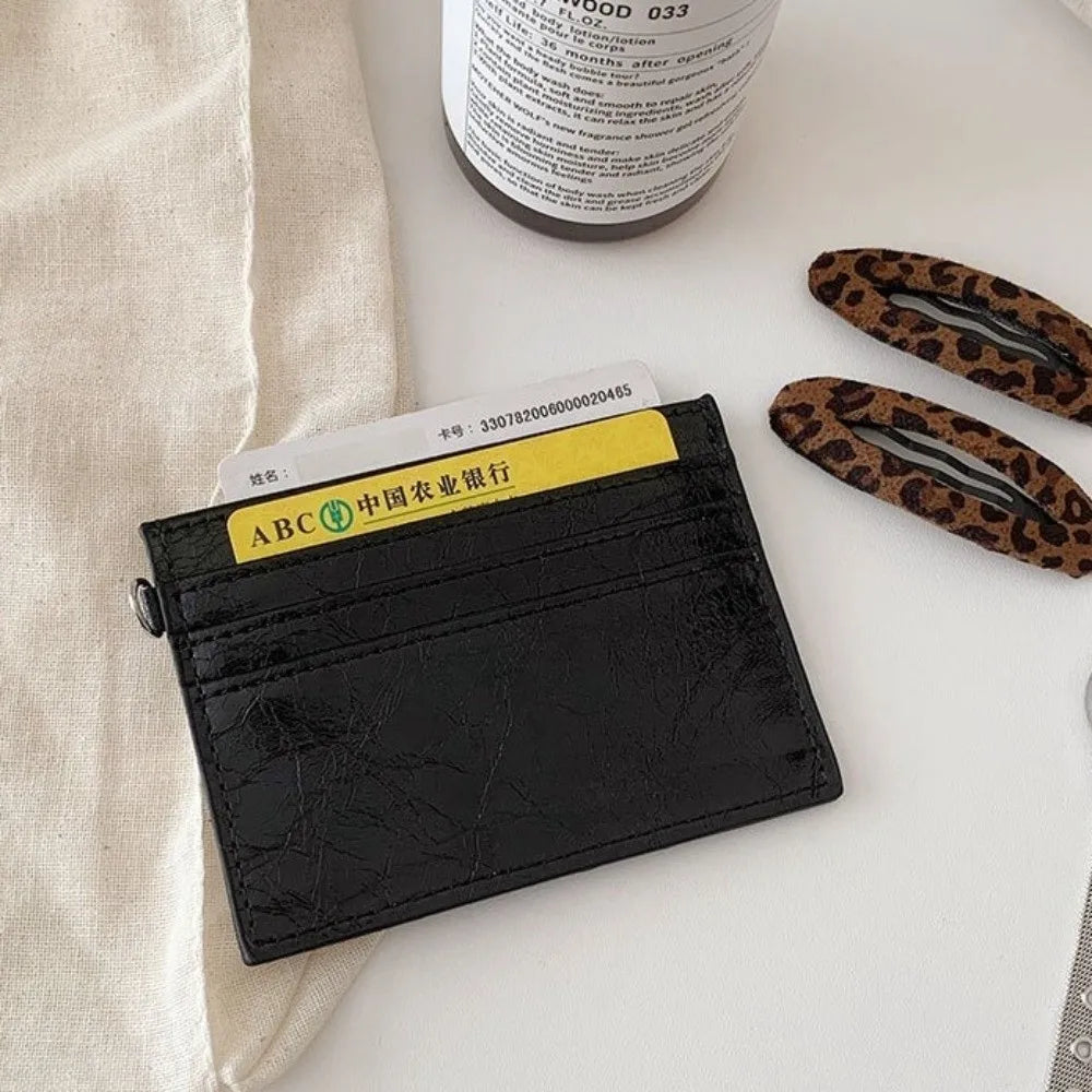 Compact Ultra Thin Cracked Leather Card Wallet Mini Size Multiple Slots Rivet Card Holder Solid Color PU Coin Purse Student