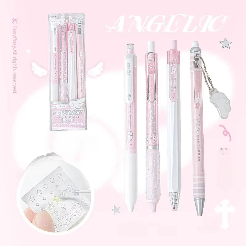 4pcs/set Pearl Angel Gel Pen Set Cute Exam Pens with Wing Design Kawaii Cartoon 0.5mm Black Ink for Kids Back To School Student