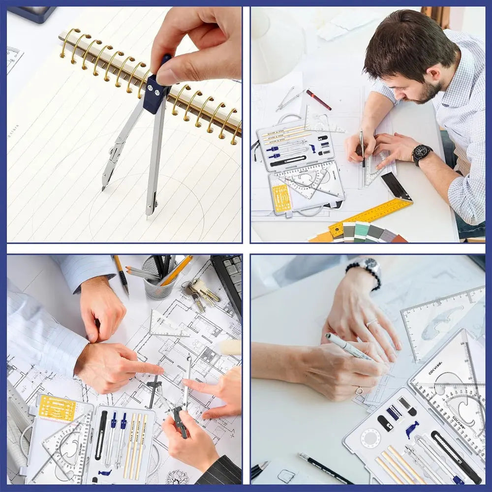15-Piece Geometry Drawing Set with Portable Case, Dual Metal Compasses, Clear Rulers and Templates for School, Math and Drafting