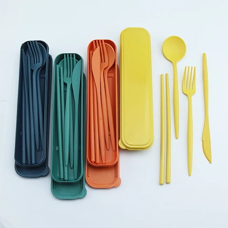 4PCS/Set Wheat Straw Tableware Box Spoon Fork Chopsticks Cutlery Dinnerware Children Adult Travel Portable Kitchen Accessories