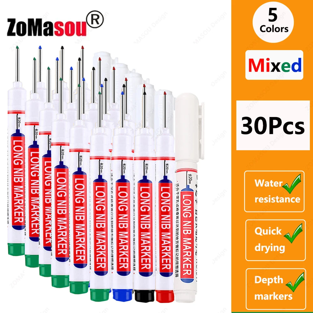 1-90Pcs Waterproof White Long Head Markers Pen 2cm Woodworking Deep Hole Marker Pens Metal Carpenter Black/Red/Blue/Green Ink