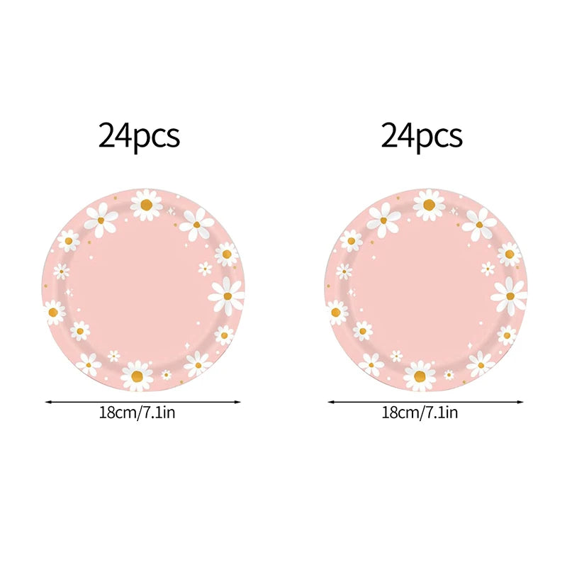 24pcs 7/9inch Pink Daisy Theme Disposable Tableware Flower Plate Napkin Banner Birthday Party Baby Shower Wedding Decor