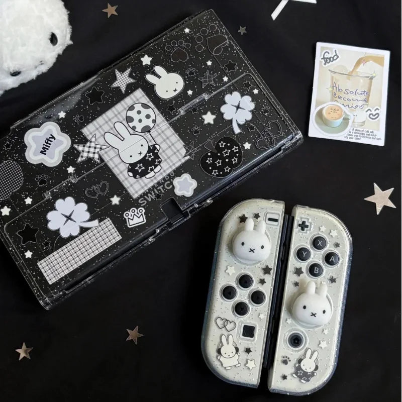New In Stock Miffy Co-Branded Nintendo Switch OLED NS NS2 LITE Protective Case Glitter Handle Cover Transparent Black White Gift