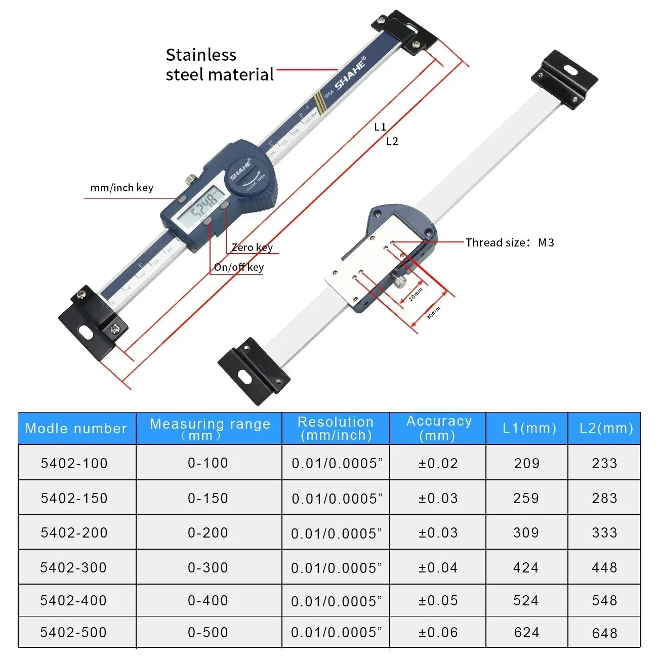 SHAHE Stainless Steel Horizontal Linear Scale Type Digital Caliper LCD Display