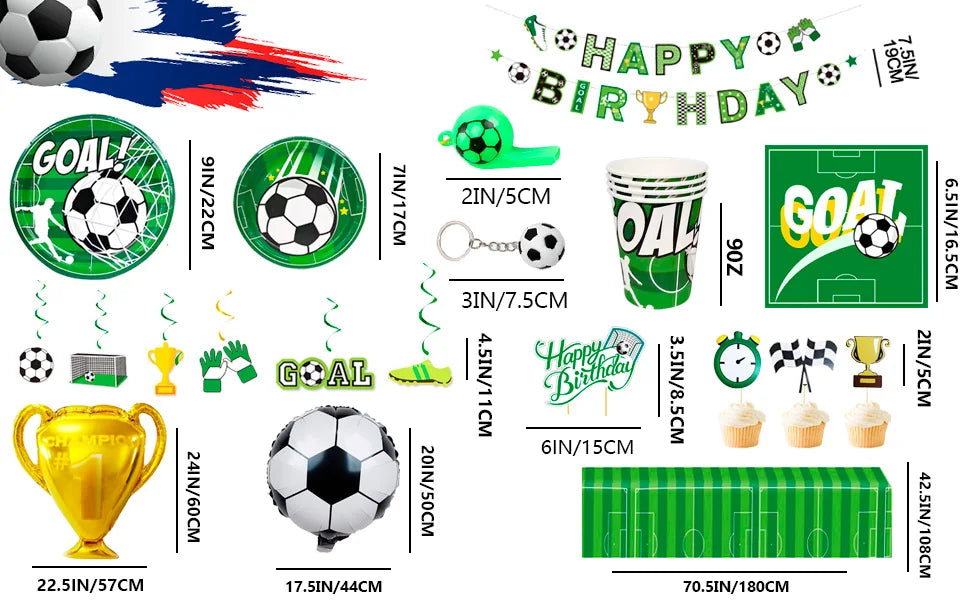 Soccer Party Decorations,113pcs Party Decorations&Tableware Set-Soccer Birthday Banner Balloons Whistle Keychain Plates etc
