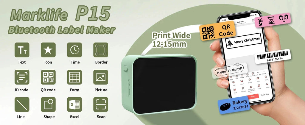 Marklife P15 Label Printer Portable Thermal Printer Inkless Mini Sticker Maker With Adhesive Label Printer As D11/D110/Q30 Print