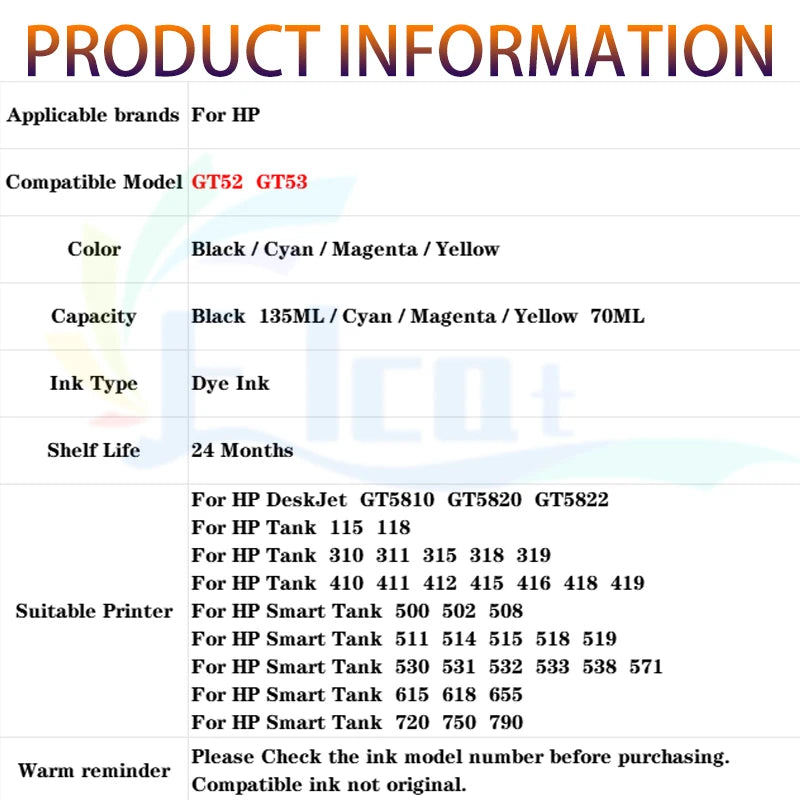 GT52 GT53 Refill Ink For HP GT51 GT52 GT53 Ink For HP 115 118 310 410 415 500 515 518 530 750 790 GT5810 5820 GT5810 Printer Ink