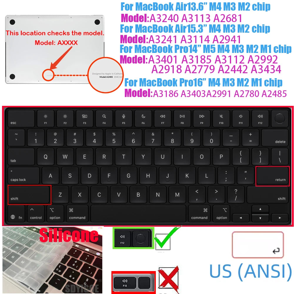 For MacBook Pro 14" M5 2025 Keyboard Cover TPU/Silicone - US & EU Layouts A3434 Pro16 Air15 Air3