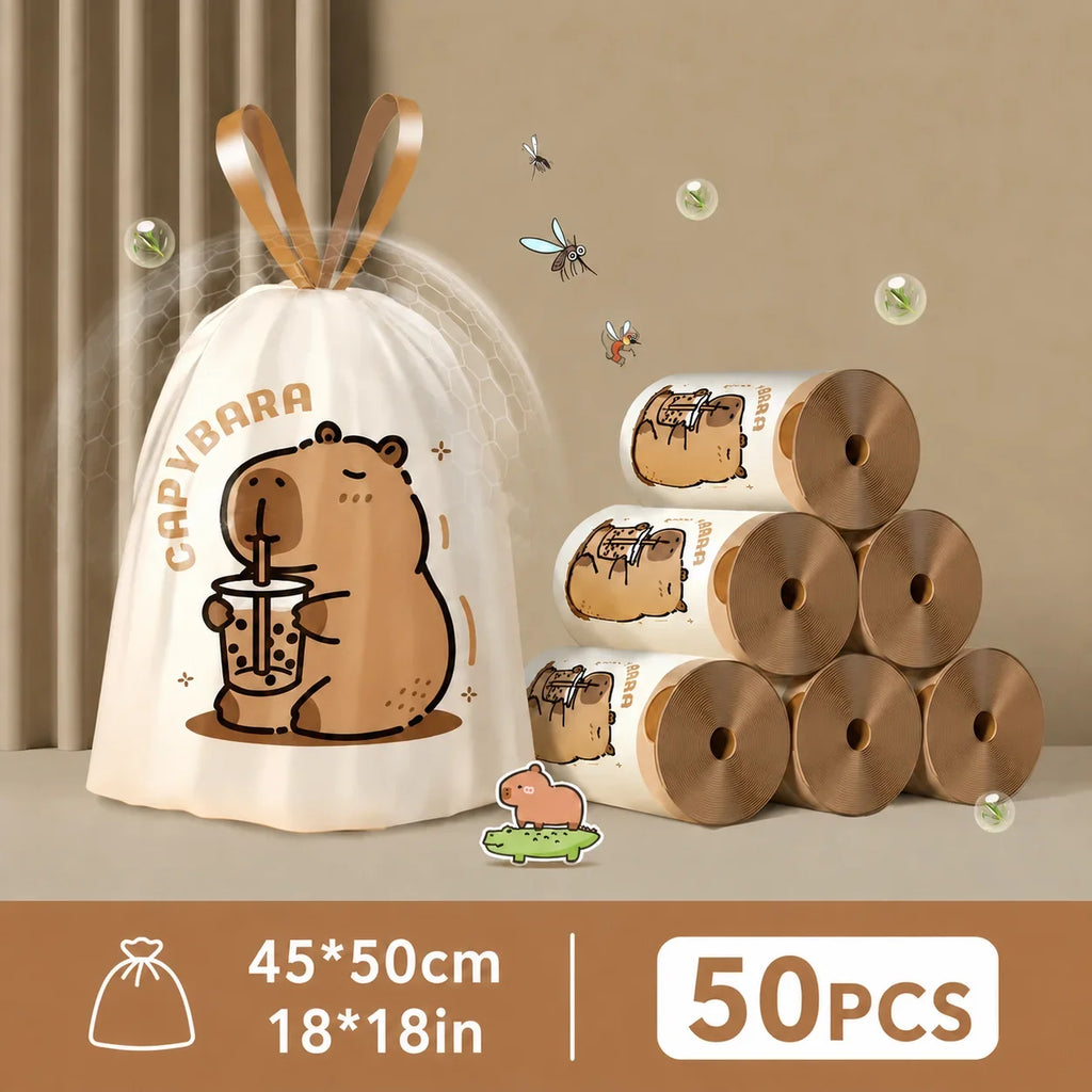1 Roll 45x45cm 50Pcs Printed Tear-Free Drawstring Trash Bags Disposable Garbage Bags