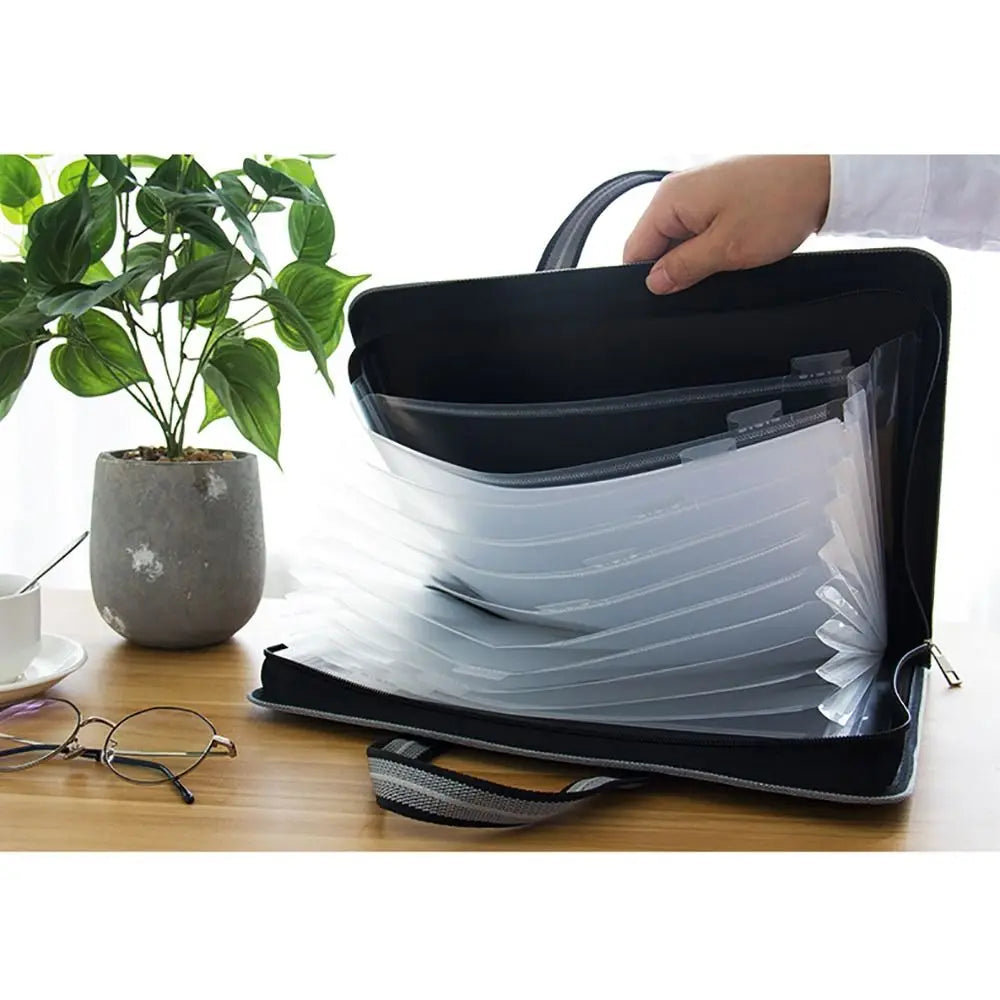 Versatile Canvas A4 Documents File Bag Large Capacity Double Zipper Accordion Folder 12-Layer Business Briefcase
