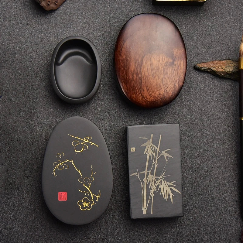 Small Portable Ink stone Chinese Style Calligraphy Regular Script Ink Stone Students Brush Writing Raw Stone She Inkstone