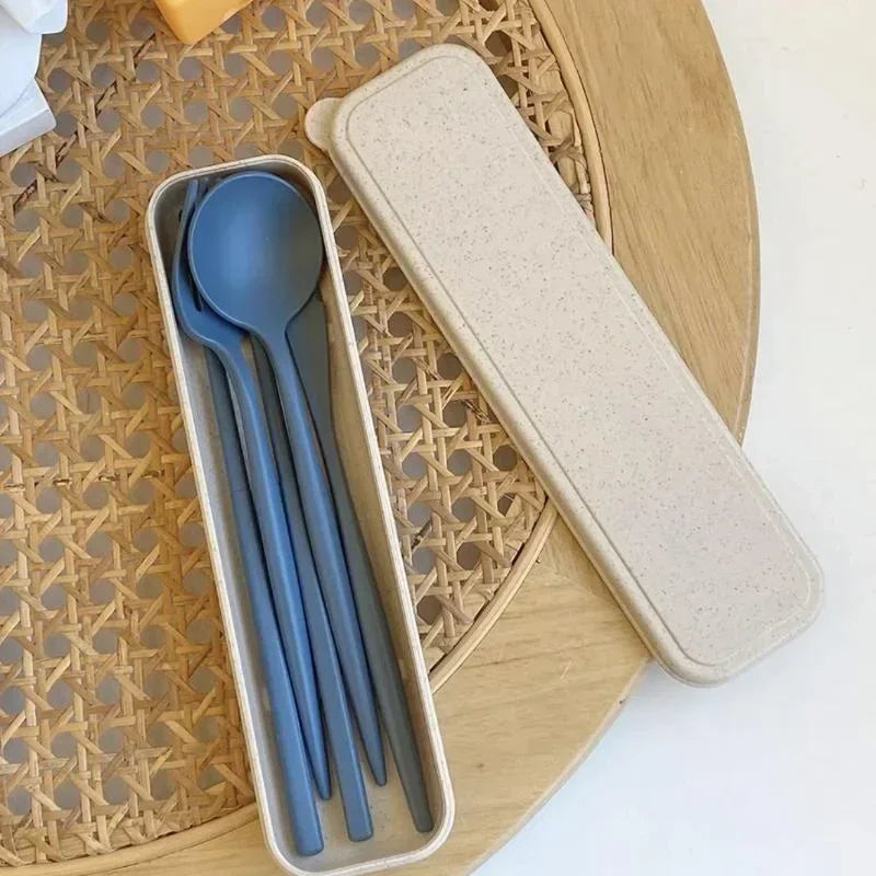 4 Pcs/Set Cutlery Wheat Straw Spoon Fork Chopsticks Box Tableware Portable Dinnerware Accessories Household Fashion Tableware