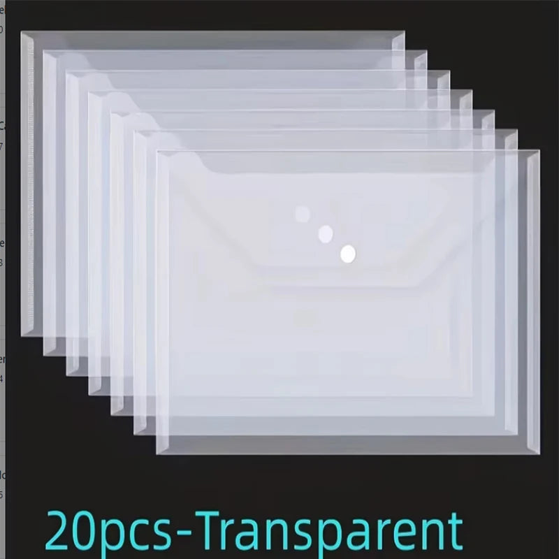 20Pcs A4 Size Plastic EnvelopeTransparent Reusable Poly Envelope Waterproof Folder with Buttons  for School Office Suppli
