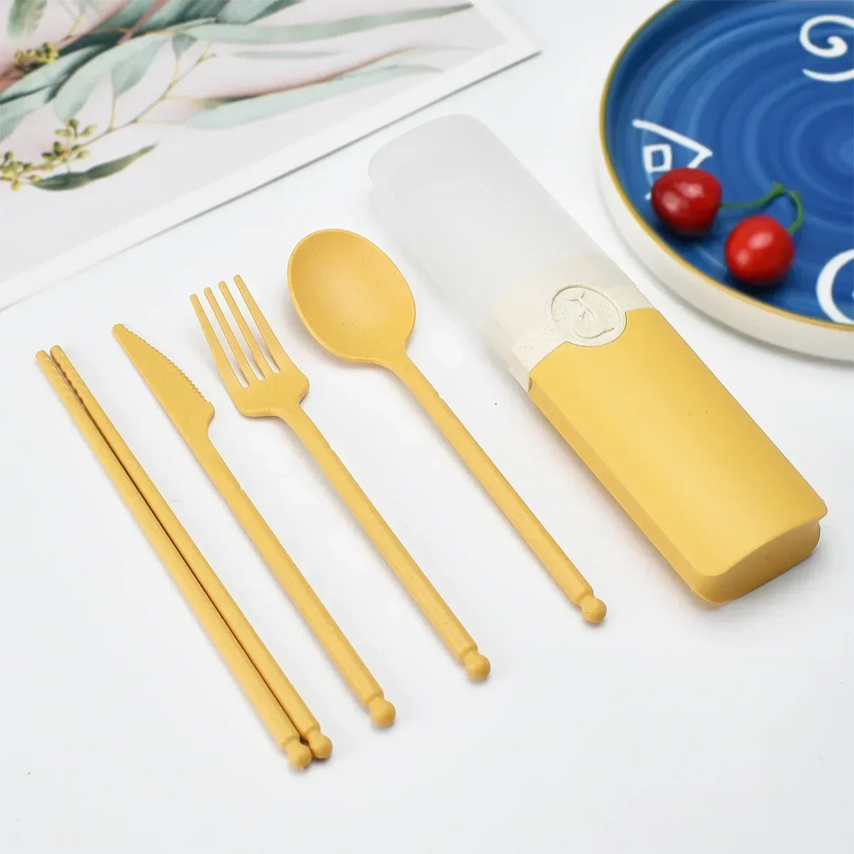 Portable Reusable Spoon Fork Travel Picnic Chopsticks Wheat Straw Tableware Cutlery Set With Carrying Box For Student Office