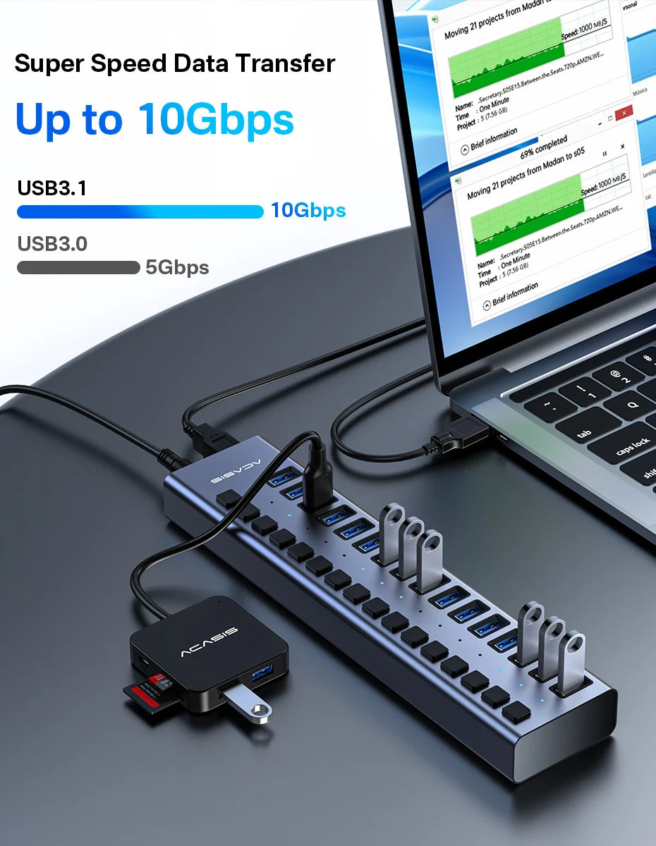 Acasis 16/10/7 Port USB Hub 10Gbps Individual Switch Charging Data Transfer for PC Laptop Workstation Multi Device Expansion