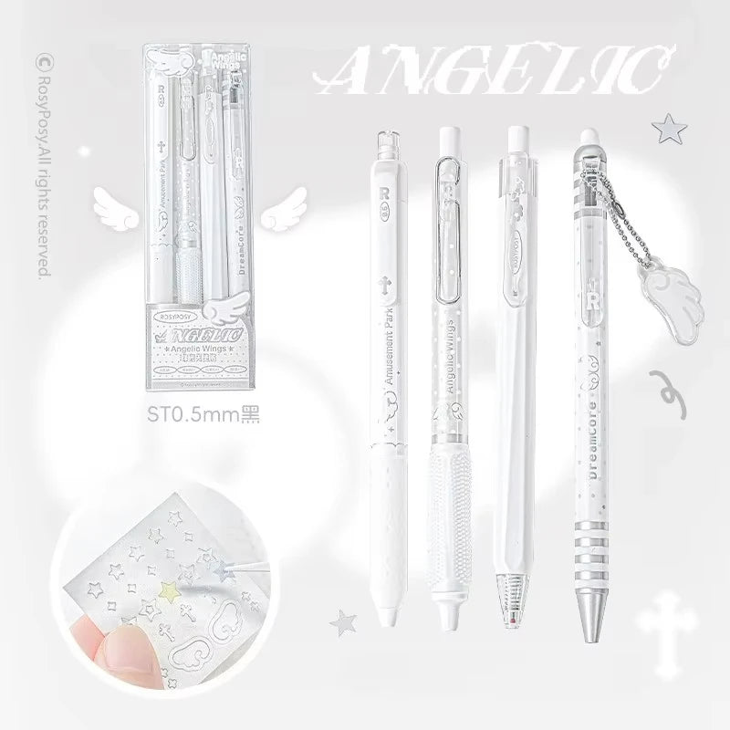 4pcs/set Pearl Angel Gel Pen Set Cute Exam Pens with Wing Design Kawaii Cartoon 0.5mm Black Ink for Kids Back To School Student