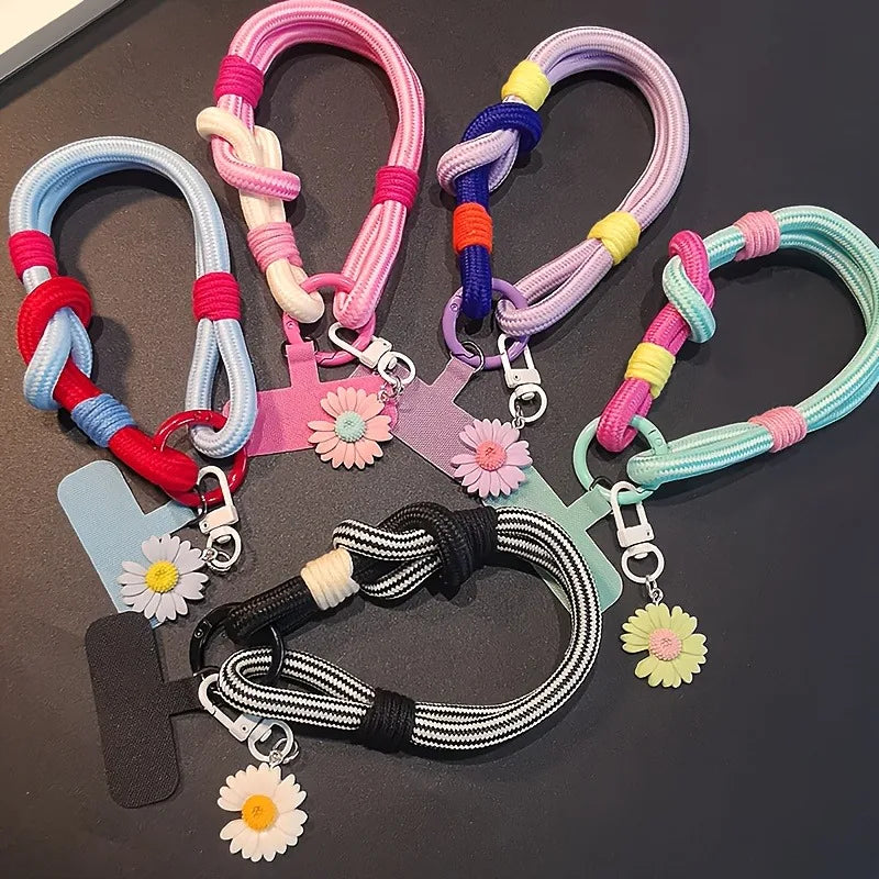 Cute 3D Flowers Adjustable Phone Lanyard Wrist Strap 2-in-1 Short Hand Rope Woven Stylish Mobile Accessory for Men and Women