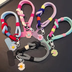 Cute 3D Flowers Adjustable Phone Lanyard Wrist Strap 2-in-1 Short Hand Rope Woven Stylish Mobile Accessory for Men and Women