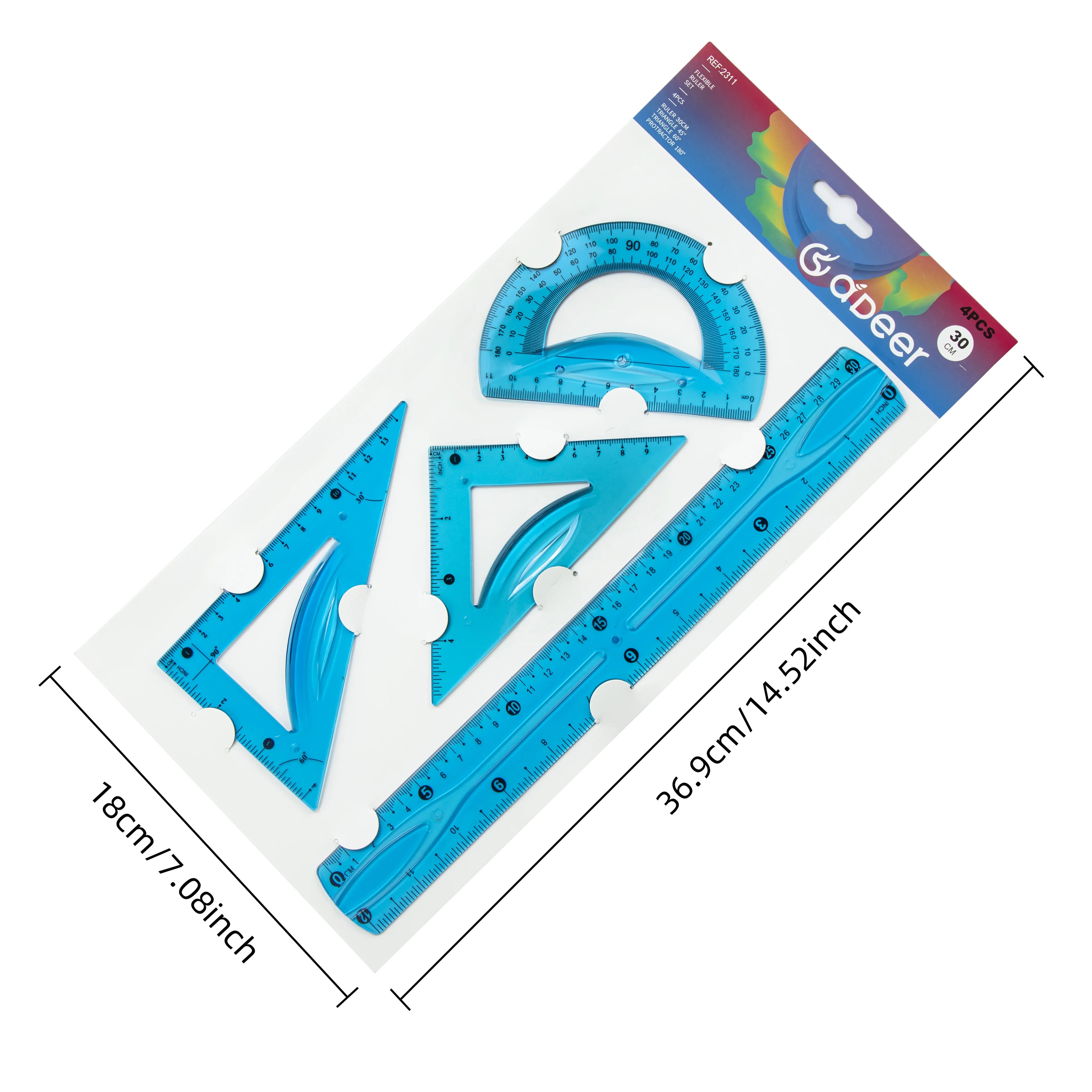 30cm Transparent Soft Ruler Set - 4 Pieces, Multi-Color with Triangle and Protractor, Ideal for Measuring and Drawing