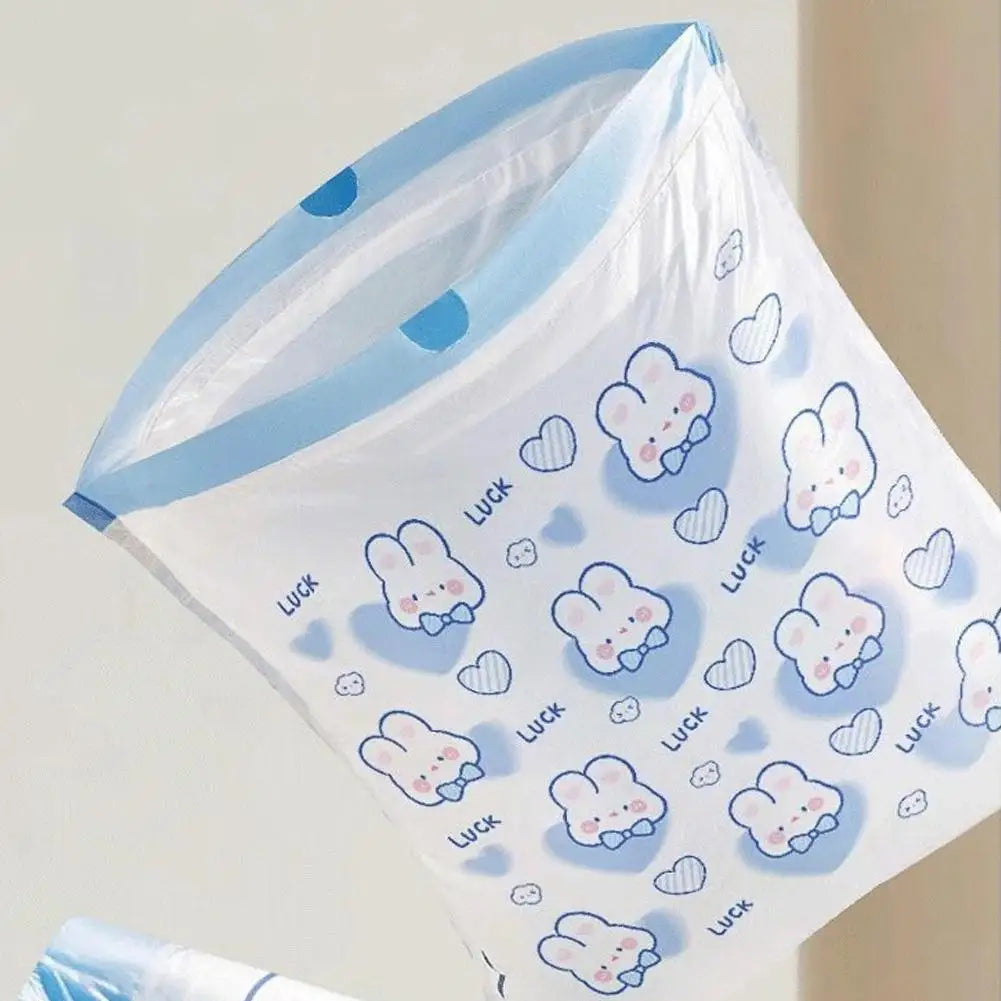 1 roll 100pcs blue rabbit garbage bag Portable Printed Thickened Garbage Bags, Stylish Blue Heart & Rabbit Drawstring Trash Bags