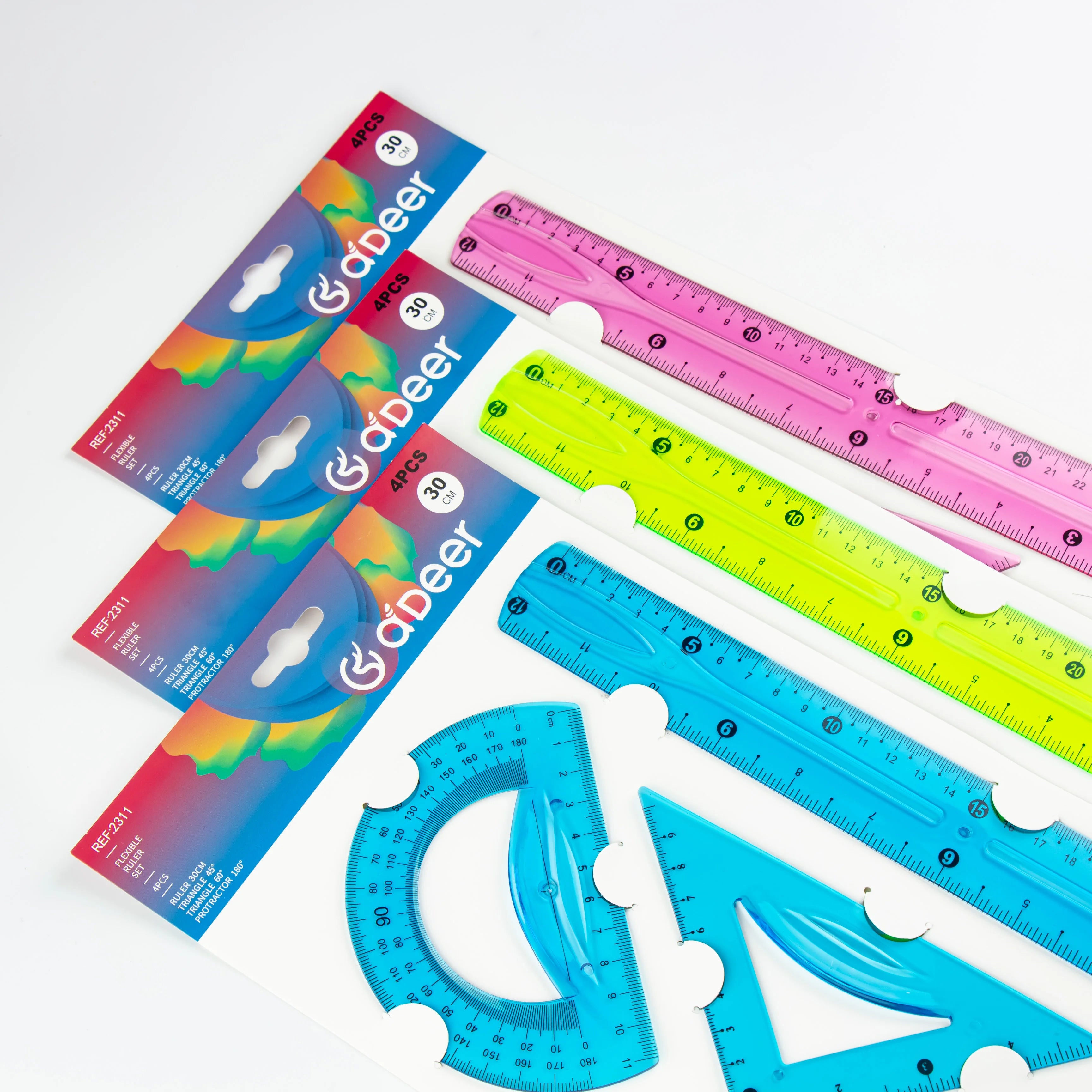 30cm Transparent Soft Ruler Set - 4 Pieces, Multi-Color with Triangle and Protractor, Ideal for Measuring and Drawing