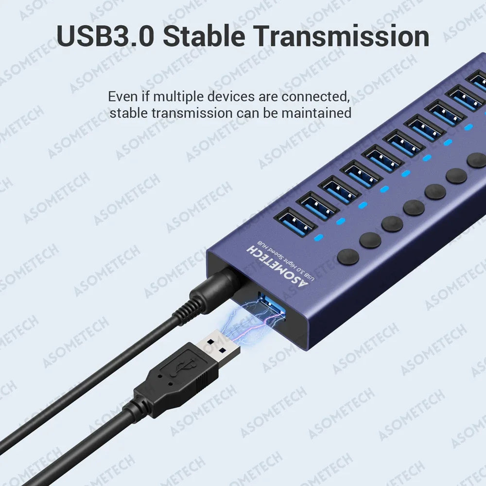 4/7/10 Ports USB 3.0 Hub Multiple Splitter 12V Power Adapter with On/off Switch USB Splitter High Speed Hub for MacBook Laptop
