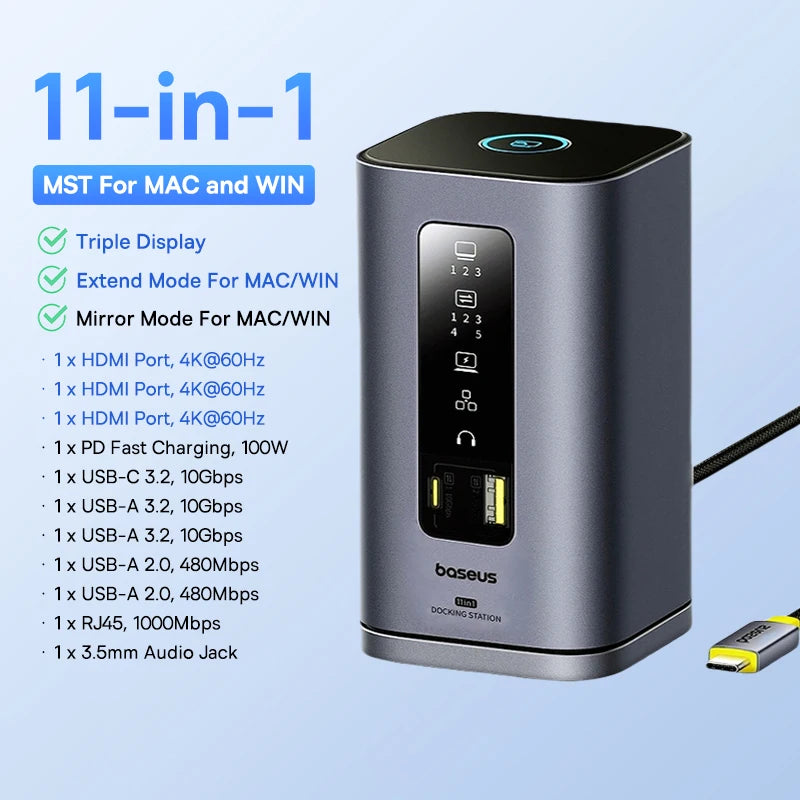 Baseus 11-IN-1 USB C HUB HDMI DP 4K@60Hz MST Triple Display USB 3.2 Splitter with RJ45 3.5mm Mic PD100W Magnetic Docking Station
