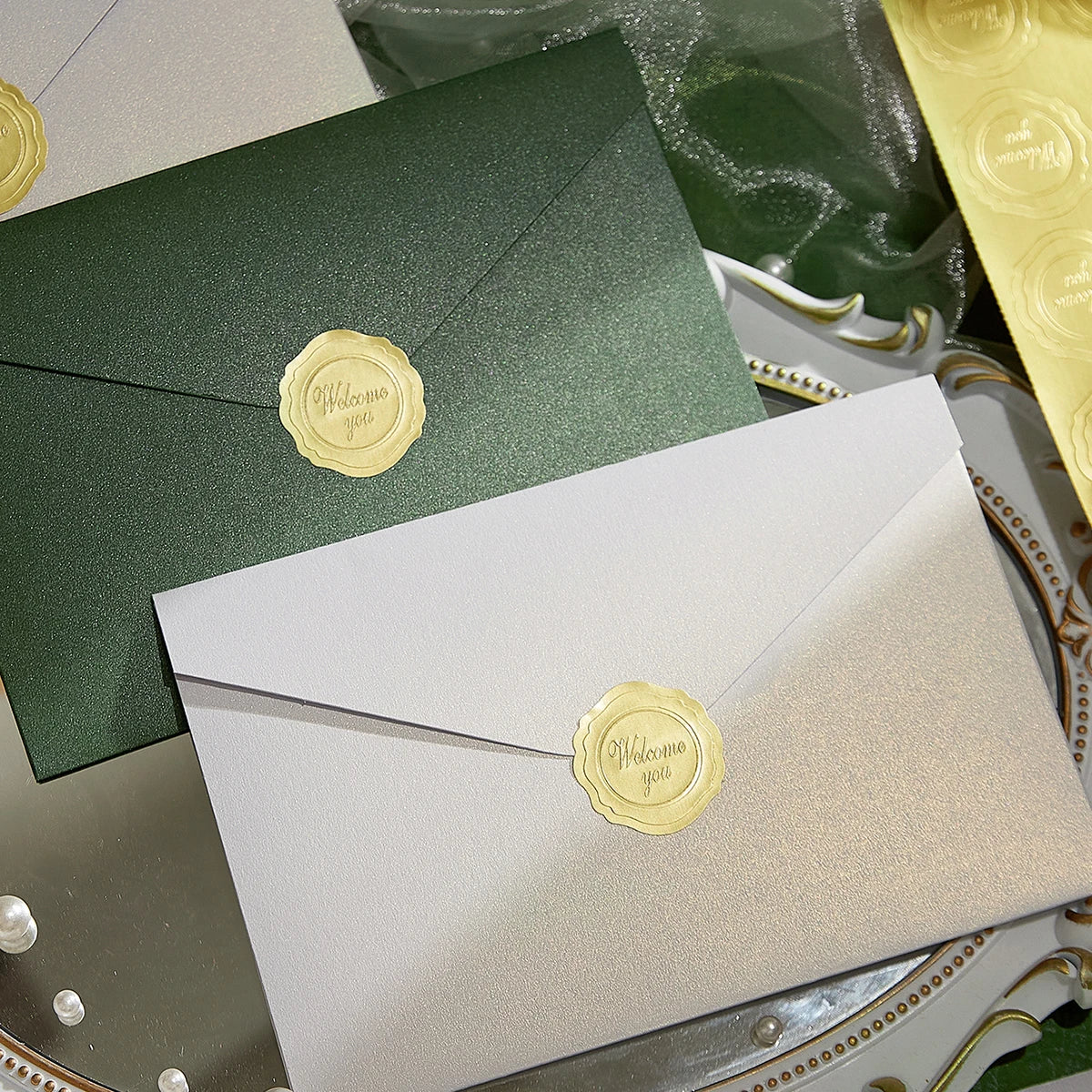 10Pcs Pearl Color Ins Style Envelope Invitations with Gold Sealing Stickers, Multi-Purpose Envelopes for Weddings, Birthdays, Fa