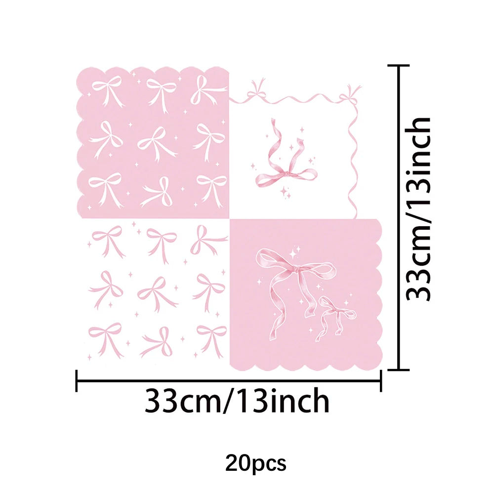 Pink bow Birthday Disposable Tableware Set Paper Plates Cups Napkins Girls Party Decoration Supplies