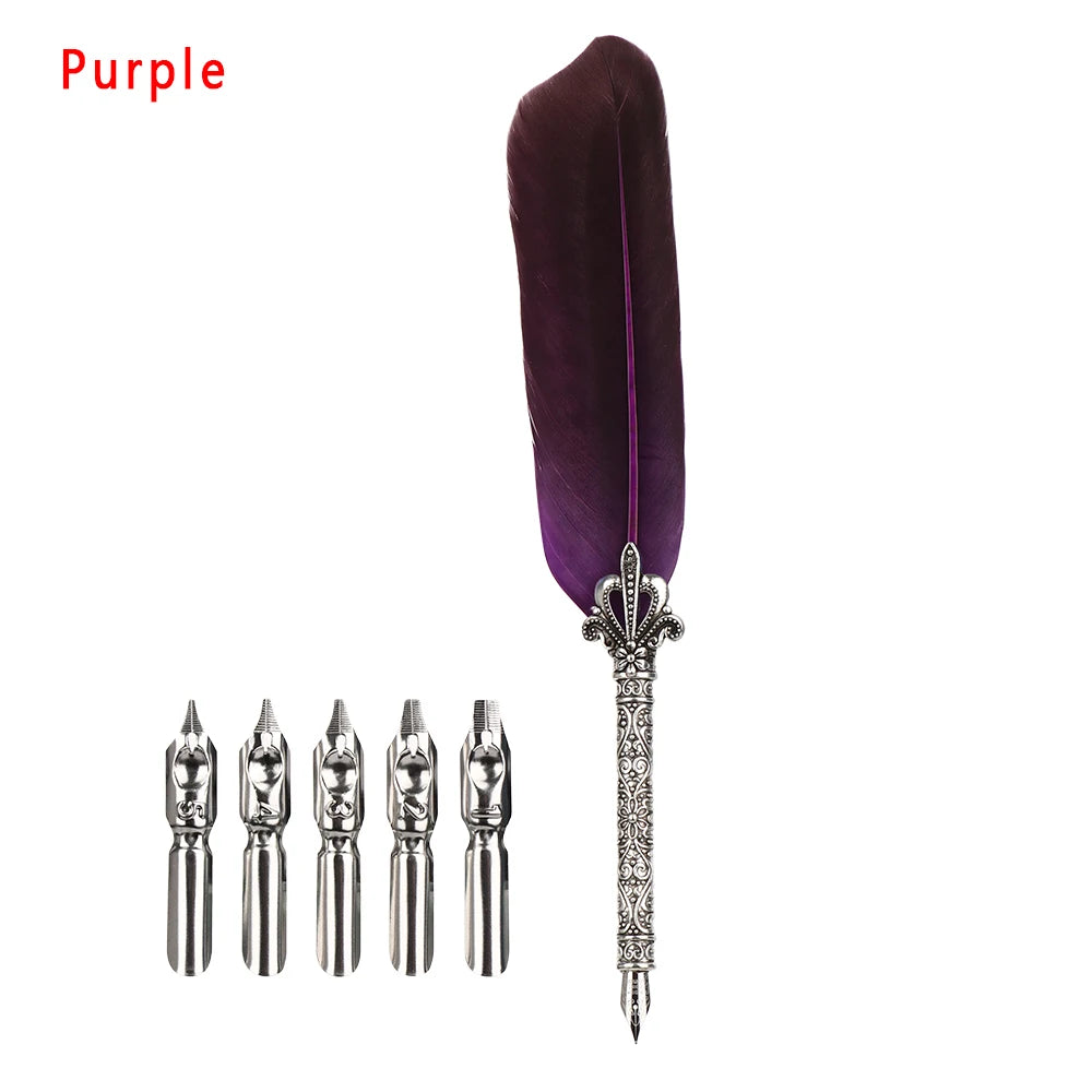 1 Set New Luxury Feather Pen 5 Nib Vintage Quill English Calligraphy Signature Pen European Gift Box Scuba Dive Writing Tools